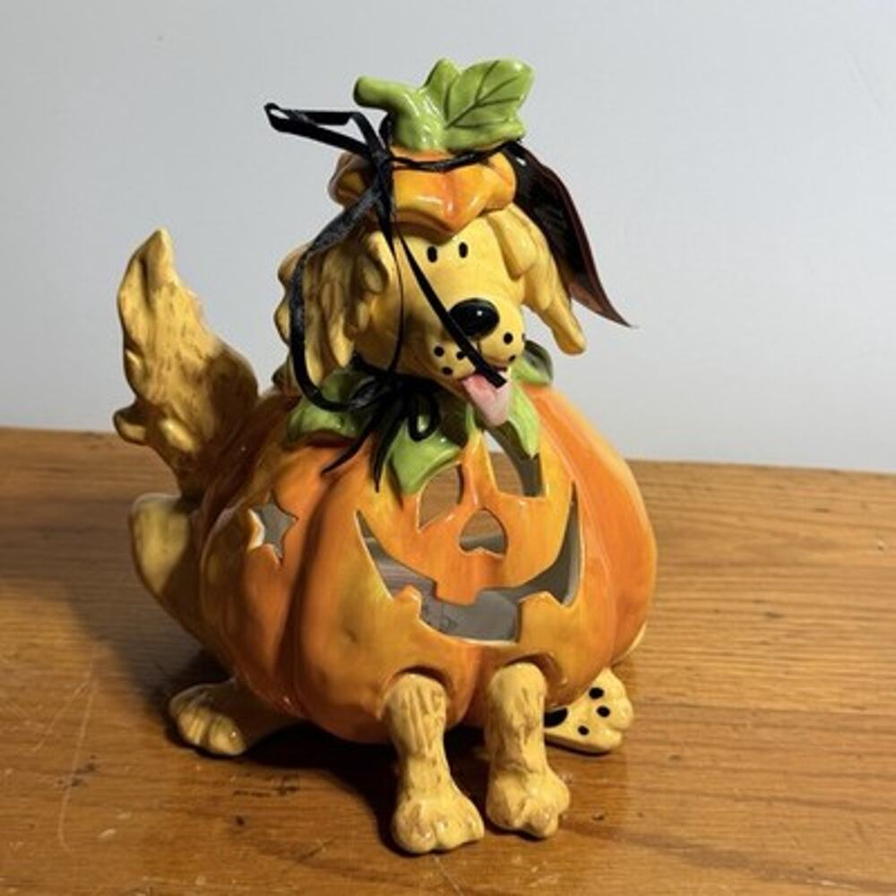 Blue Sky Clayworks Halloween Golden Retriever Pumpkin Tealight Holder Ceramic 8”